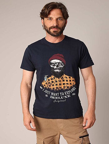 T-shirt en coton avec imprimé hipster barbu et le message « Je veux juste explorer ». 'Deeluxe'