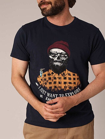 T-shirt en coton avec imprimé hipster barbu et le message « Je veux juste explorer ». 'Deeluxe'