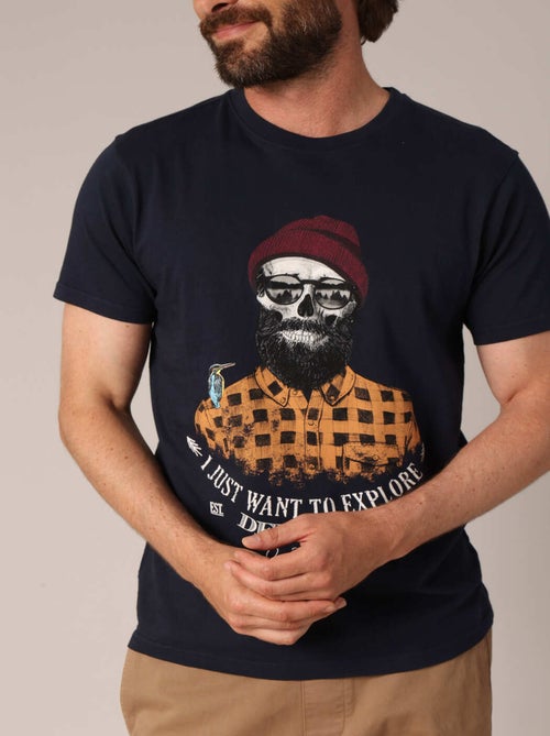 T-shirt en coton avec imprimé hipster barbu et le message « Je veux juste explorer ». 'Deeluxe' - Kiabi