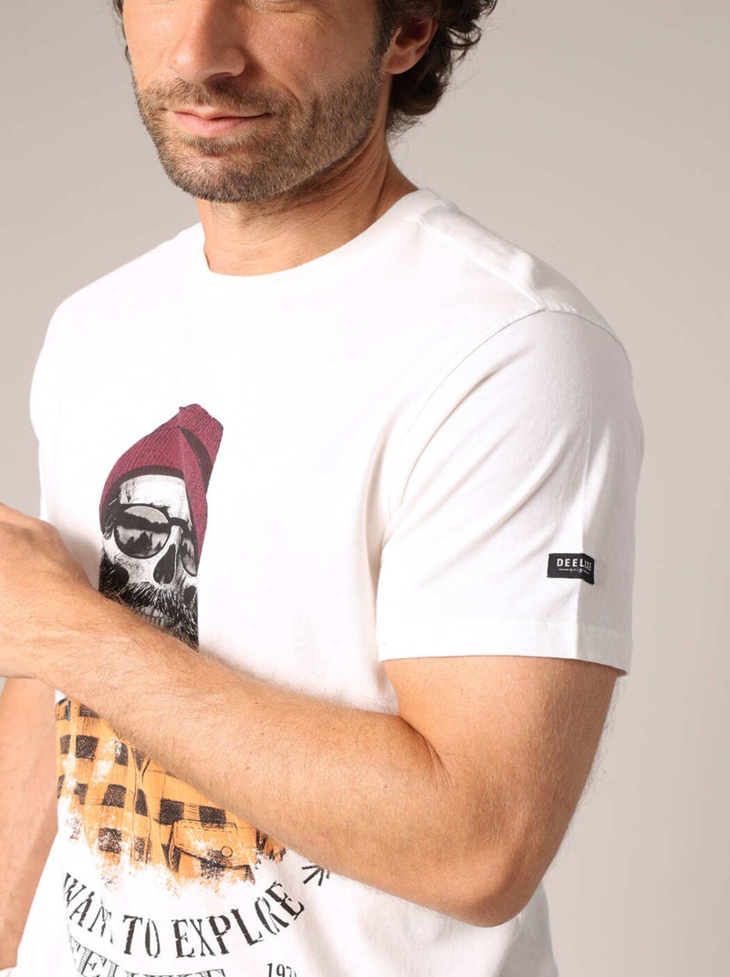 T-shirt en coton avec imprimé hipster barbu et le message « Je veux juste explorer ». 'Deeluxe' Ecru - Kiabi