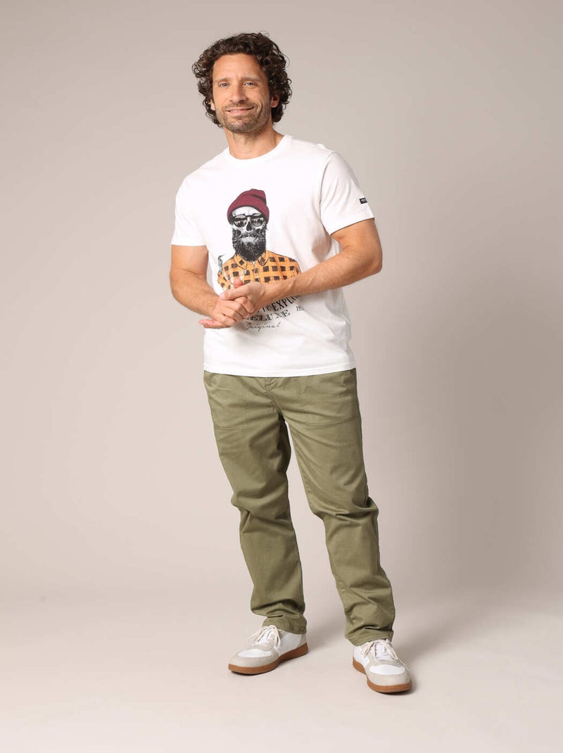 T-shirt en coton avec imprimé hipster barbu et le message « Je veux juste explorer ». 'Deeluxe' Ecru - Kiabi