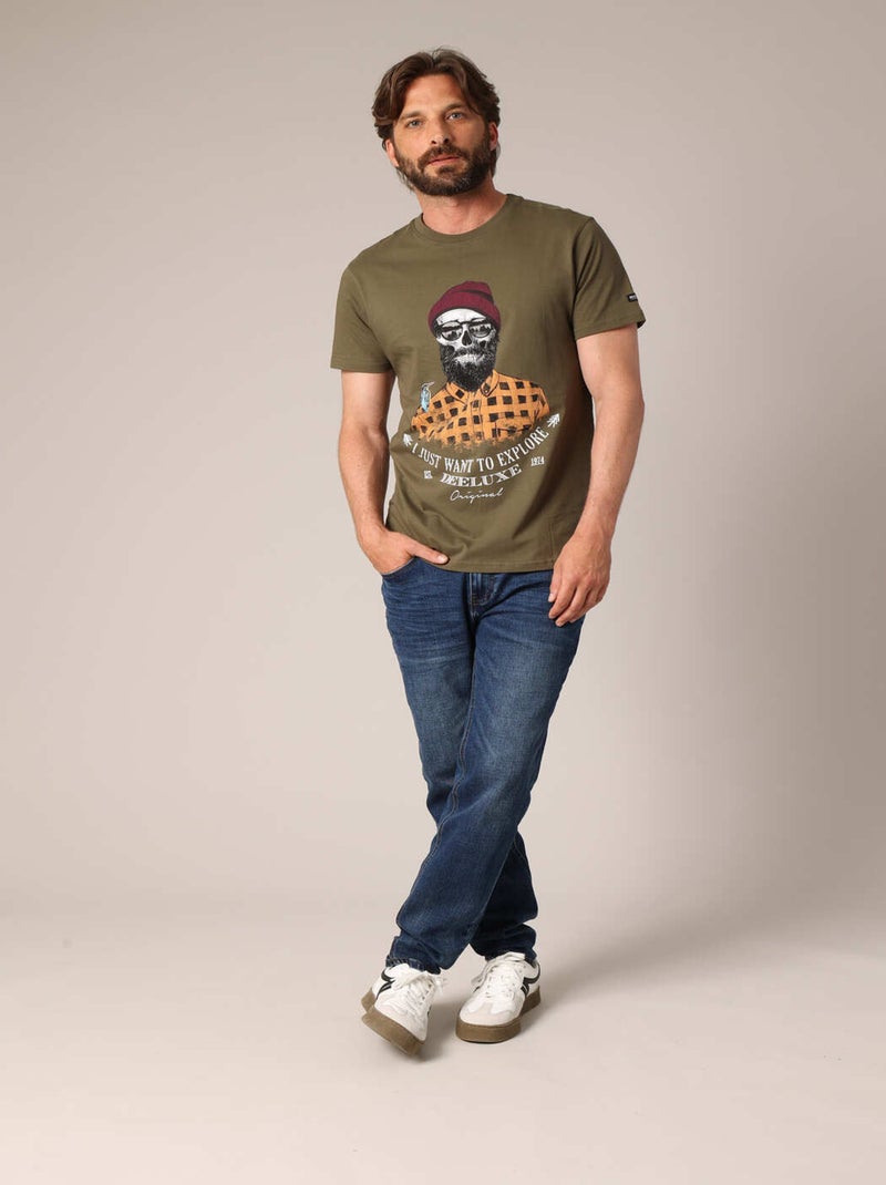 T-shirt en coton avec imprimé hipster barbu et le message « Je veux juste explorer ». 'Deeluxe' Kaki - Kiabi
