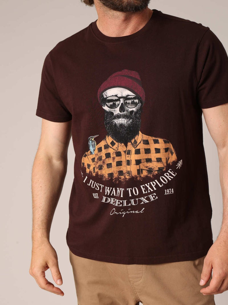 T-shirt en coton avec imprimé hipster barbu et le message « Je veux juste explorer ». 'Deeluxe' Marron foncé - Kiabi
