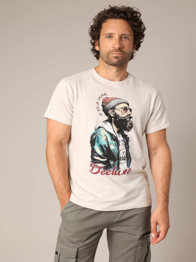 T-shirt en coton avec imprimé hipster barbu et message I just want to explore 'Deeluxe' Beige - Kiabi