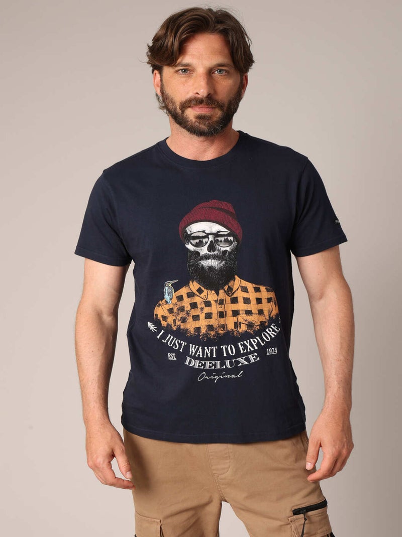 T-shirt en coton avec imprimé hipster barbu et message "I just want to explore". 'Deeluxe' Bleu marine - Kiabi