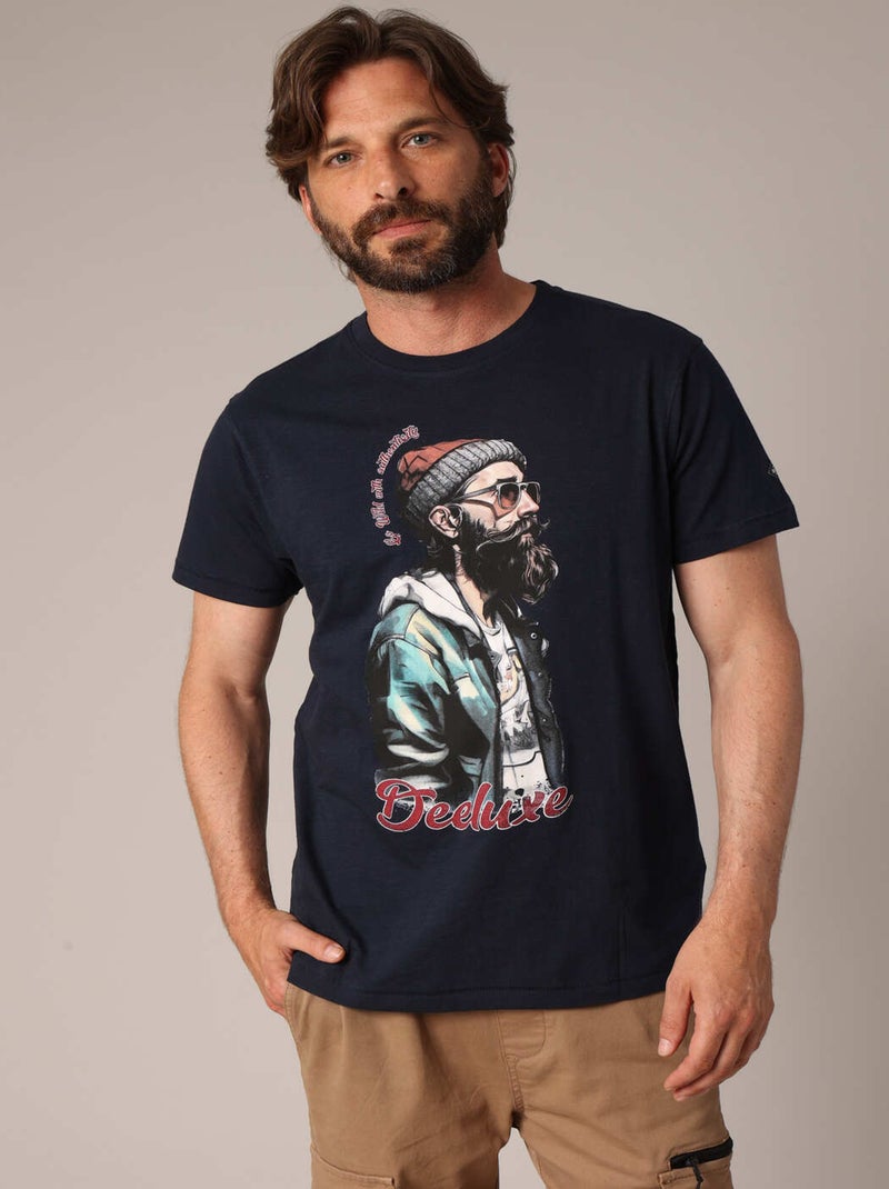 T-shirt en coton avec imprimé hipster barbu et message I just want to explore 'Deeluxe' Bleu marine - Kiabi
