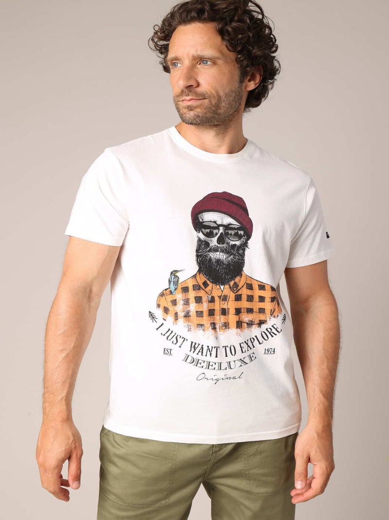 T-shirt en coton avec imprimé hipster barbu et message "I just want to explore". 'Deeluxe' Ecru - Kiabi