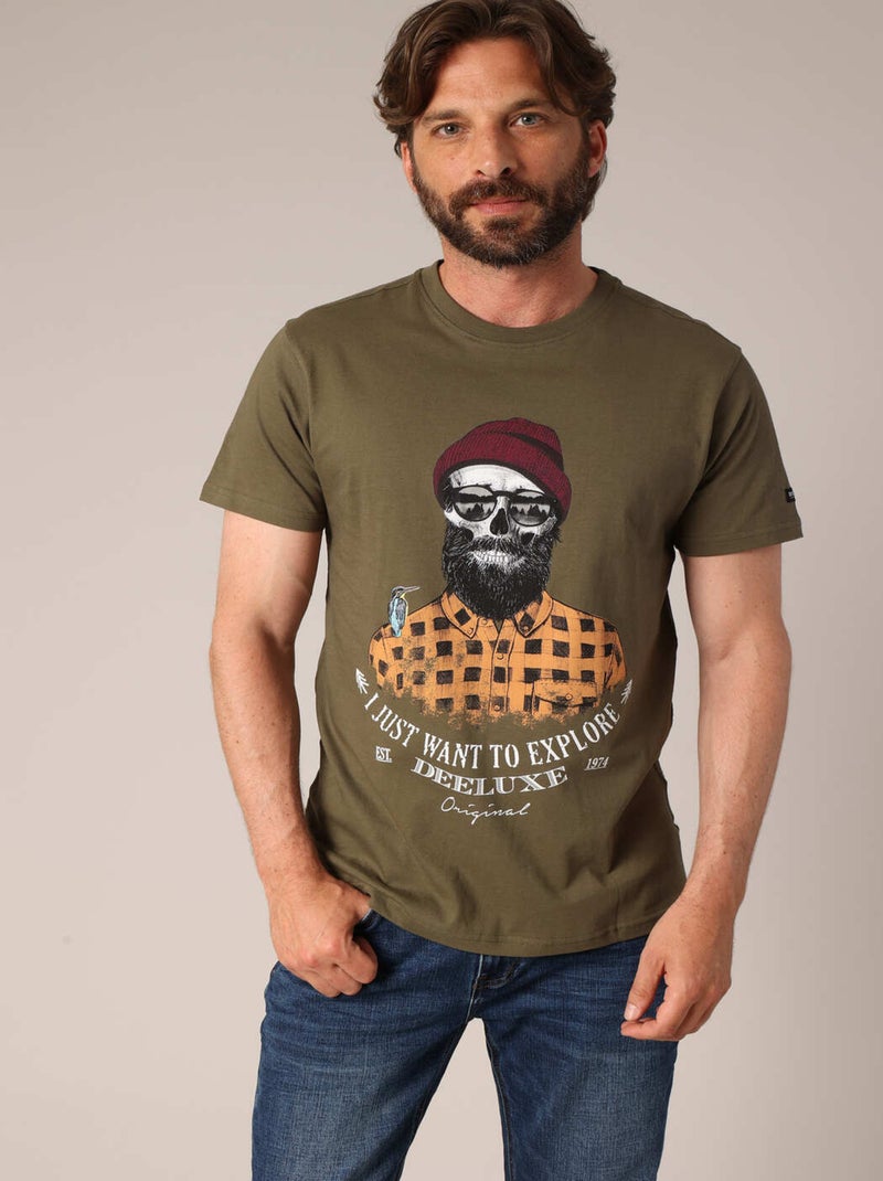 T-shirt en coton avec imprimé hipster barbu et message "I just want to explore". 'Deeluxe' Kaki - Kiabi