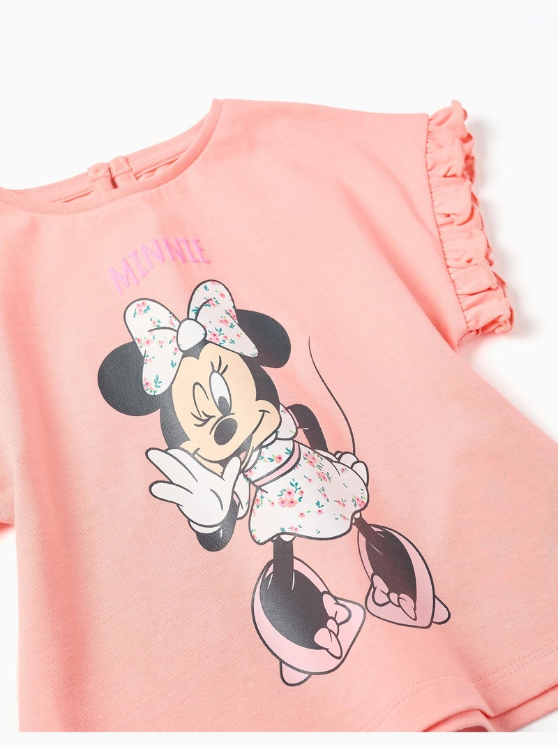 T-shirt en coton avec imprimé Minnie et volants Saumon - Kiabi