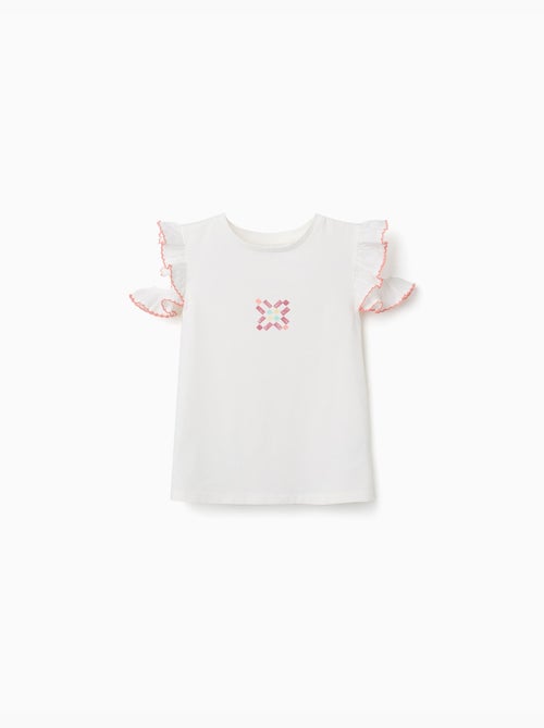 T-shirt en coton avec imprimé mosaïque et manches à volants - Kiabi T-shirt en coton avec imprimé mosaïque et manches à volants - Kiabi