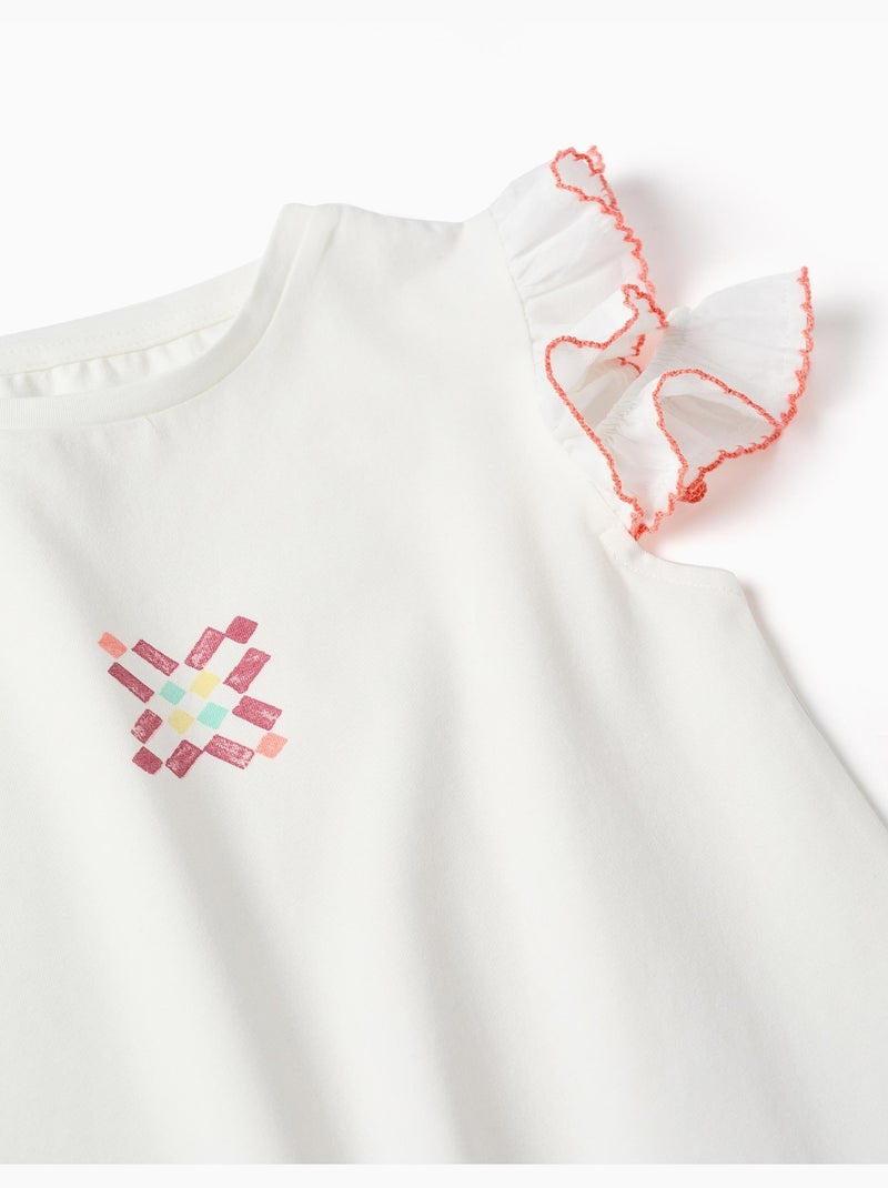 T-shirt en coton avec imprimé mosaïque et manches à volants Blanc - Kiabi