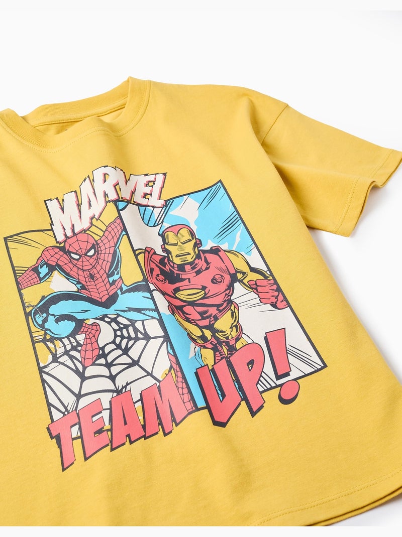 T-shirt en coton avec imprimé Spider-Man et Iron-man Jaune foncé - Kiabi