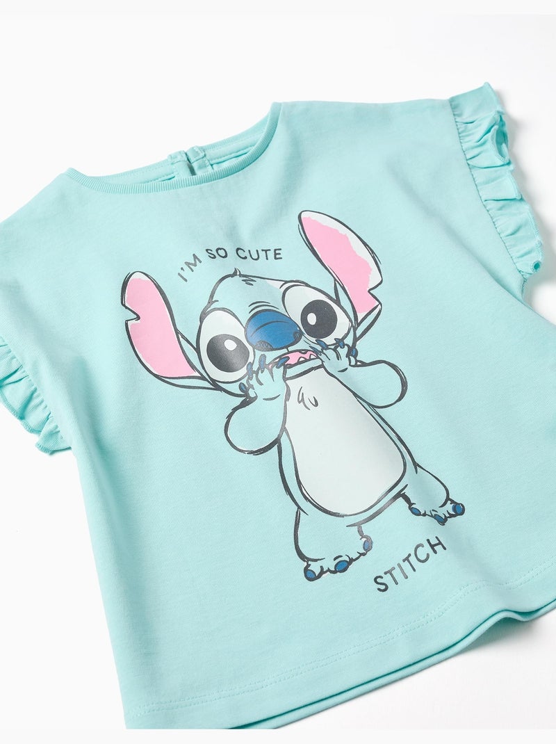 T-shirt en coton avec imprimé Stitch et volants Bleu clair - Kiabi