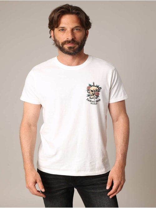T-shirt en coton avec imprimé « tattoo shop » au dos et motif tête de mort sur le devant 'deeluxe' - Kiabi