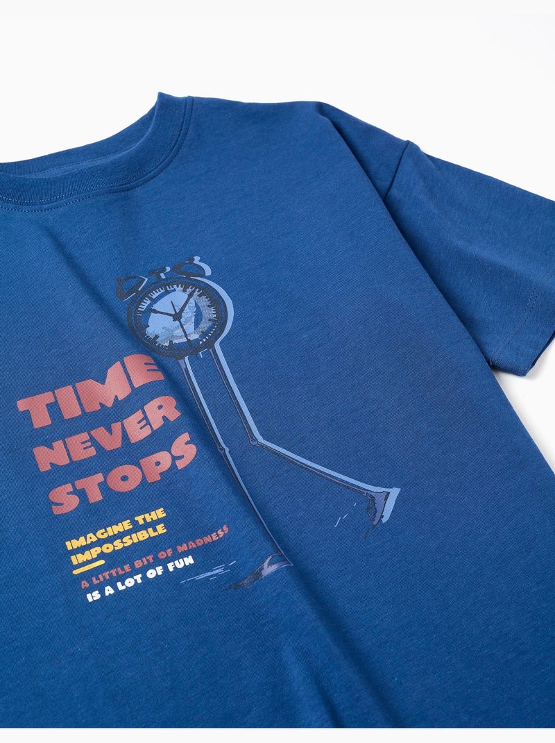 T-shirt en coton avec imprimé Time Never Stops Bleu foncé - Kiabi