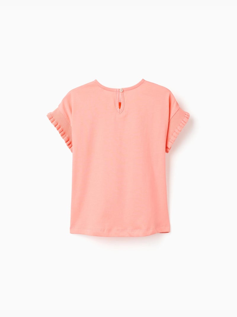 T-shirt en coton avec manches à volants Orange corail - Kiabi