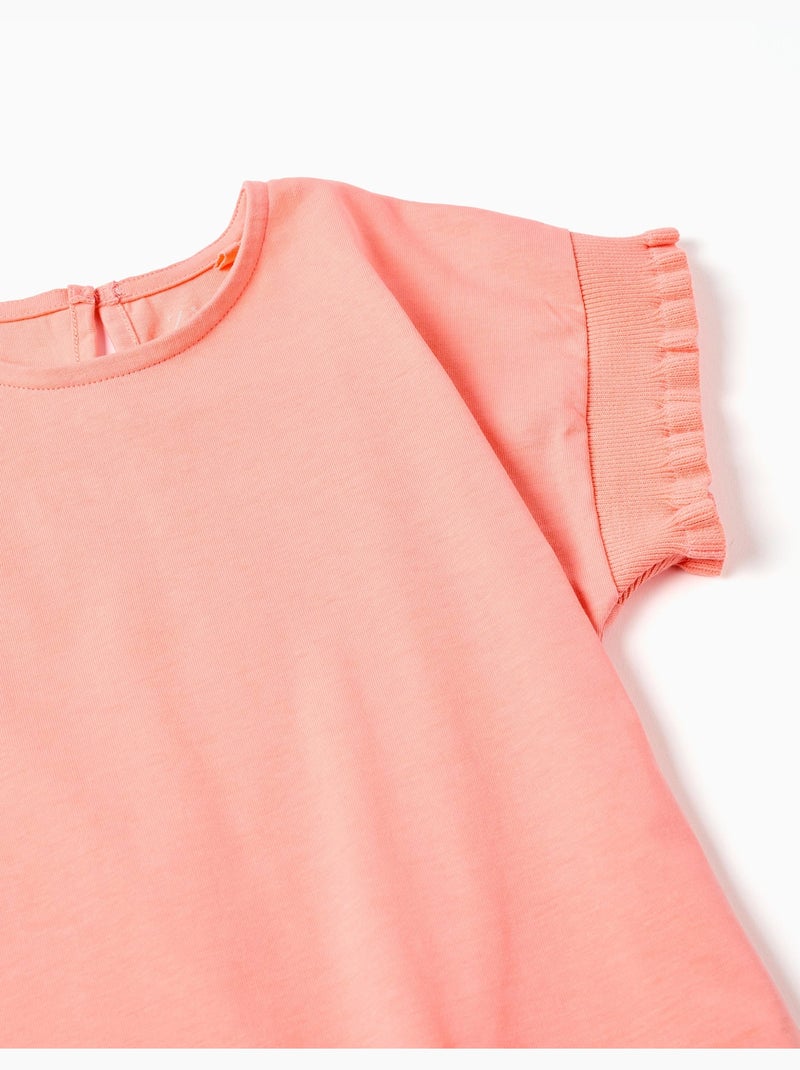 T-shirt en coton avec manches à volants Orange corail - Kiabi