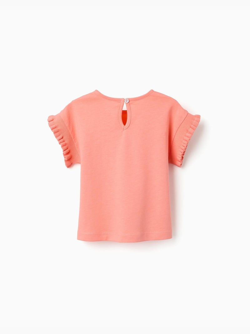 T-shirt en coton avec manches à volants Orange corail - Kiabi