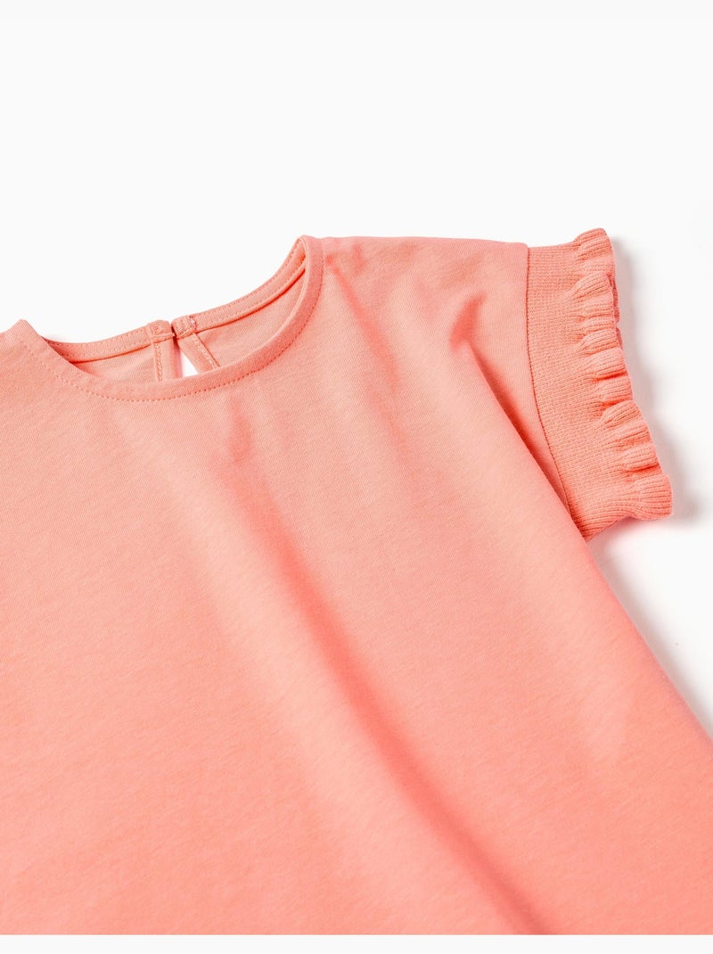 T-shirt en coton avec manches à volants Orange corail - Kiabi
