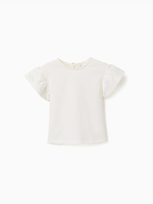 T-shirt en coton avec manches en broderie anglaise - Kiabi