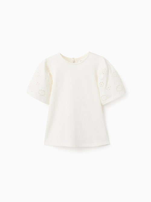 T-shirt en coton avec manches en broderie anglaise - Kiabi