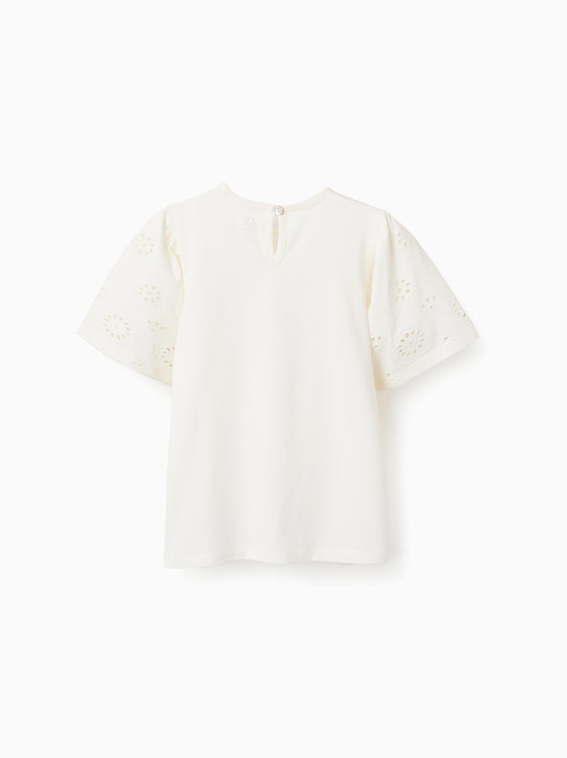 T-shirt en coton avec manches en broderie anglaise Beige clair - Kiabi