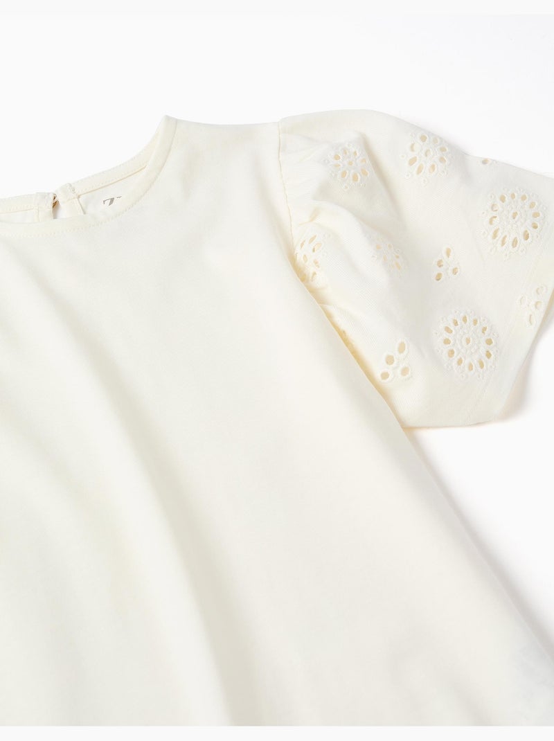 T-shirt en coton avec manches en broderie anglaise Beige clair - Kiabi