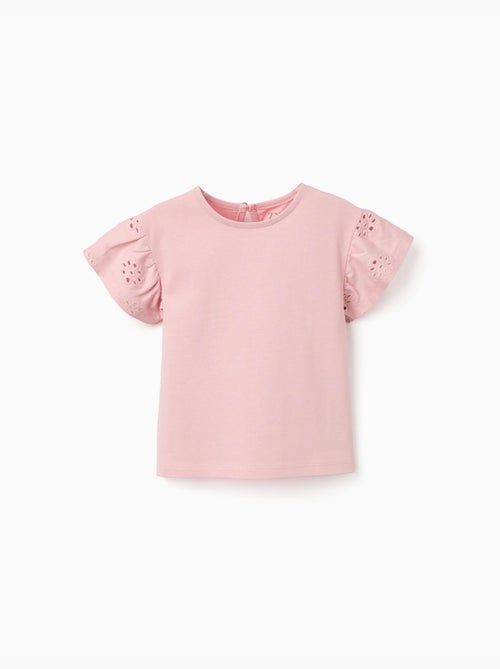 T-shirt en coton avec manches en broderie anglaise - Kiabi
