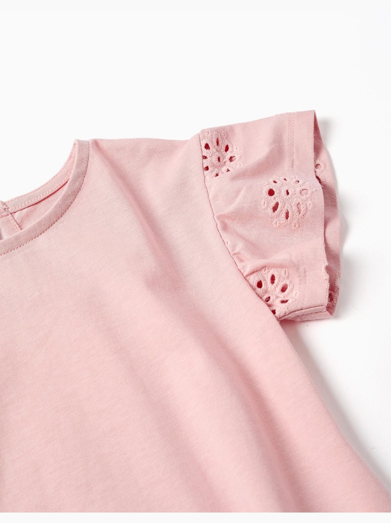 T-shirt en coton avec manches en broderie anglaise Rose clair - Kiabi