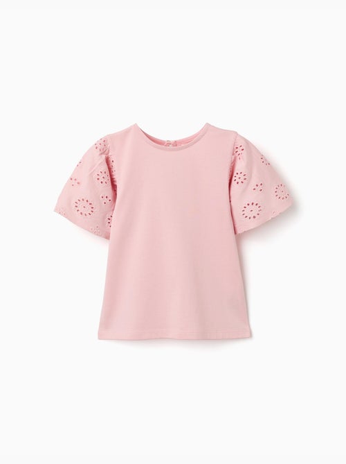 T-shirt en coton avec manches en broderie anglaise - Kiabi