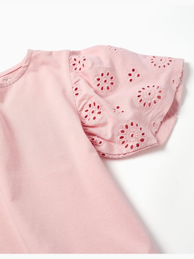 T-shirt en coton avec manches en broderie anglaise Rose clair - Kiabi