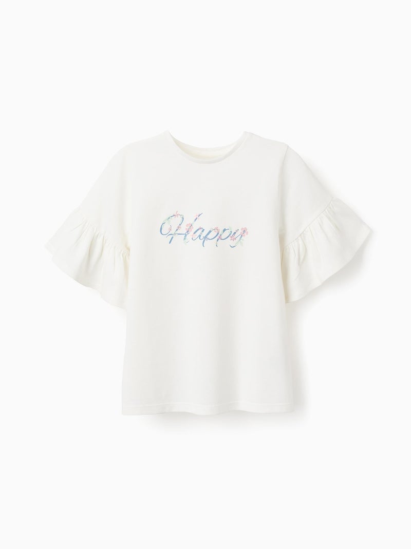 T-Shirt en Coton avec Manches Volantées Blanc - Kiabi