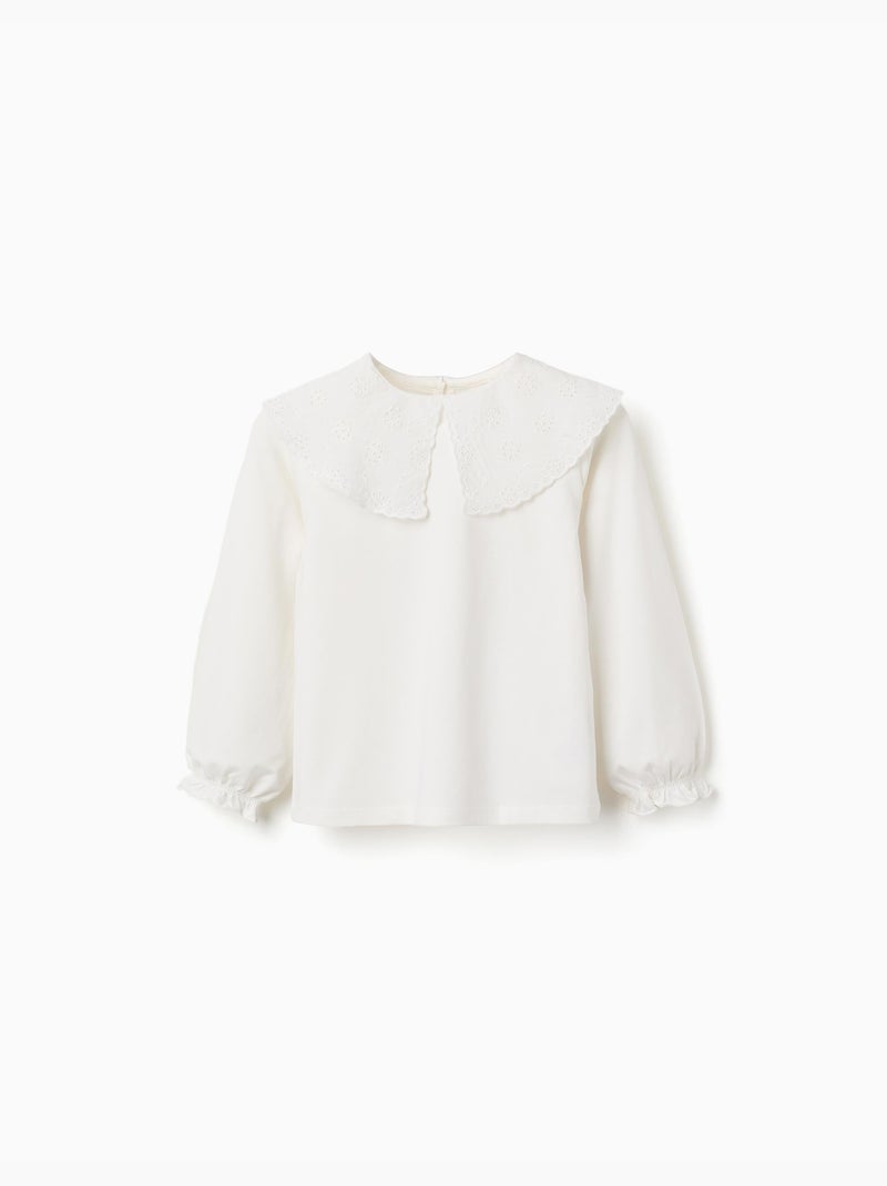 T-shirt en coton avec maxi col en broderie anglaise Blanc - Kiabi