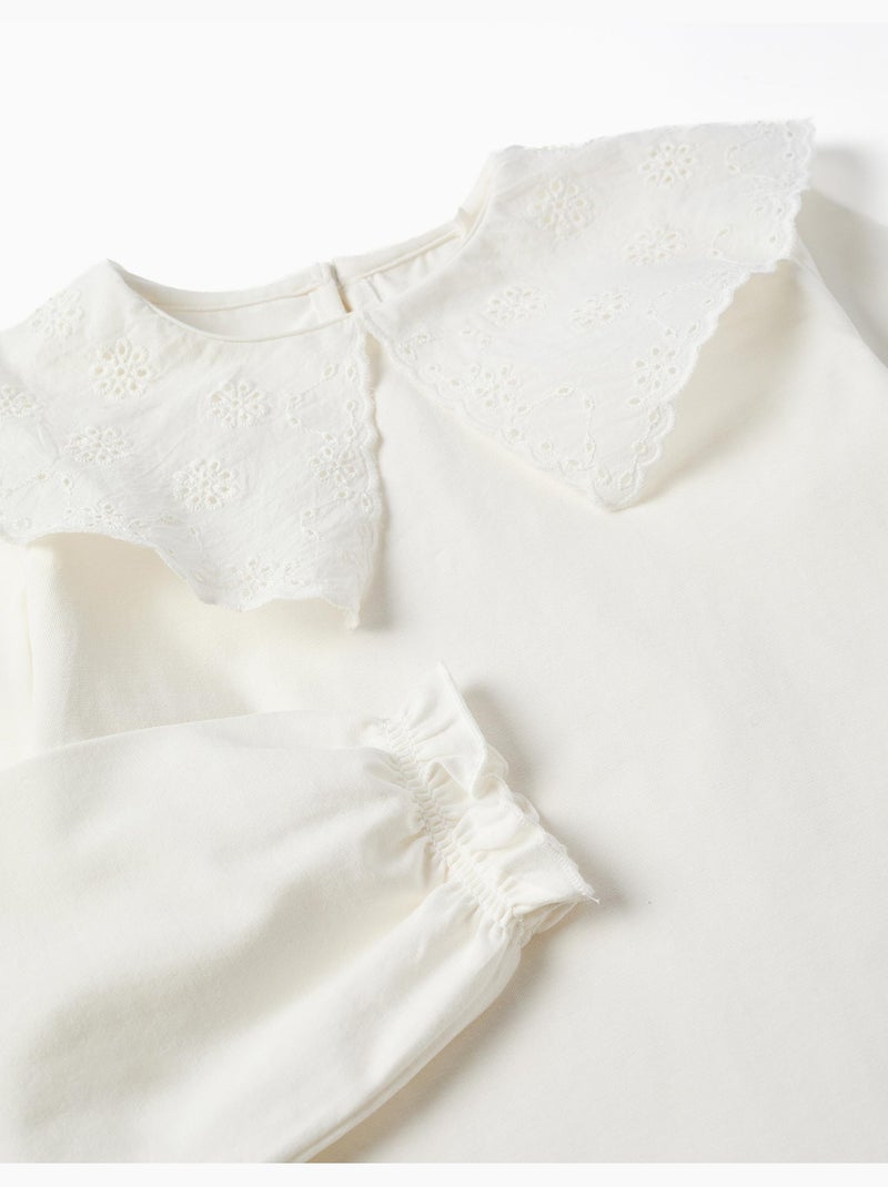 T-shirt en coton avec maxi col en broderie anglaise Blanc - Kiabi