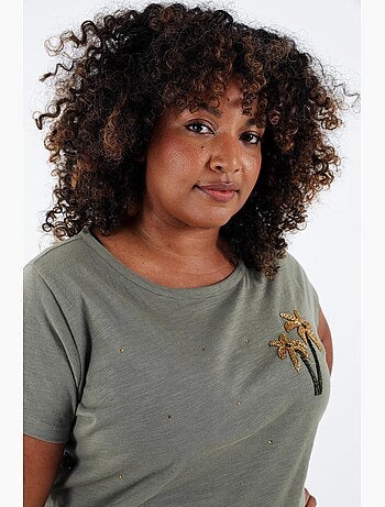 T-shirt en coton avec palmier en sequins PAPRIKA