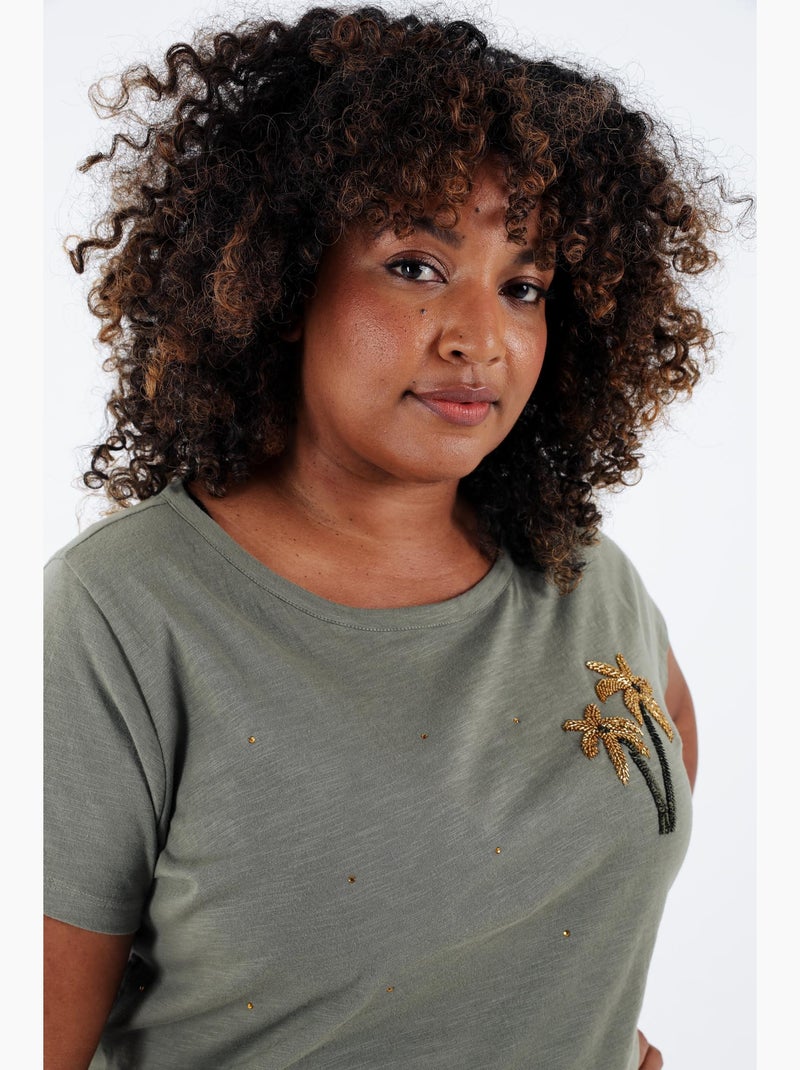 T-shirt en coton avec palmier en sequins PAPRIKA Bleu marine - Kiabi