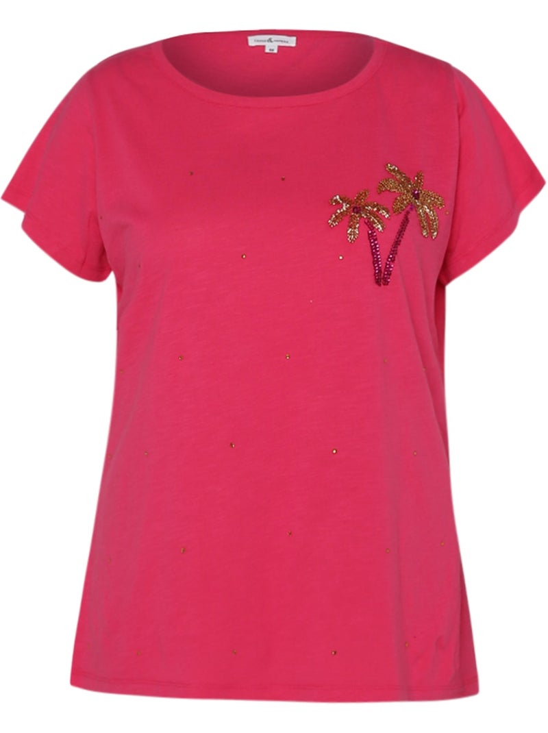 T-shirt en coton avec palmier en sequins PAPRIKA Kaki - Kiabi