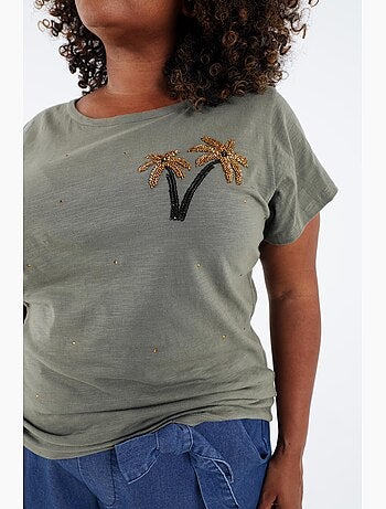 T-shirt en coton avec palmier en sequins PAPRIKA