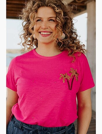 T-shirt en coton avec palmier en sequins