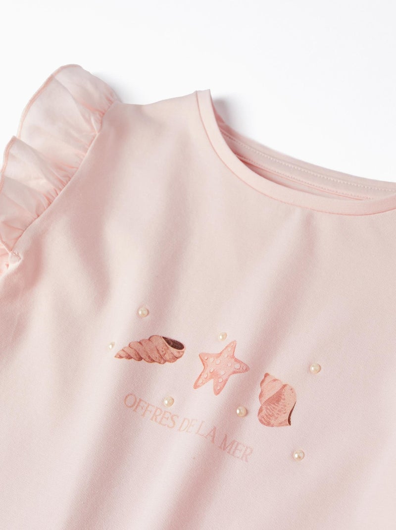 T-shirt en Coton avec Perles pour Fille 'Coquillages' manches courtes  MONTE-CARLO Rose clair - Kiabi