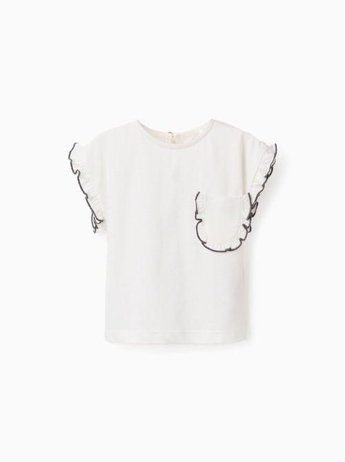 T-Shirt en Coton Avec Volants et Poche - Kiabi