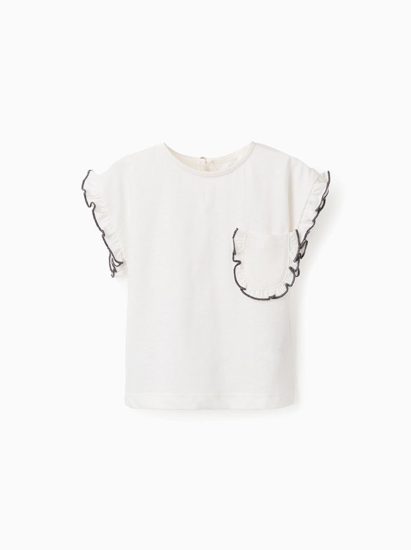 T-Shirt en Coton Avec Volants et Poche Blanc - Kiabi
