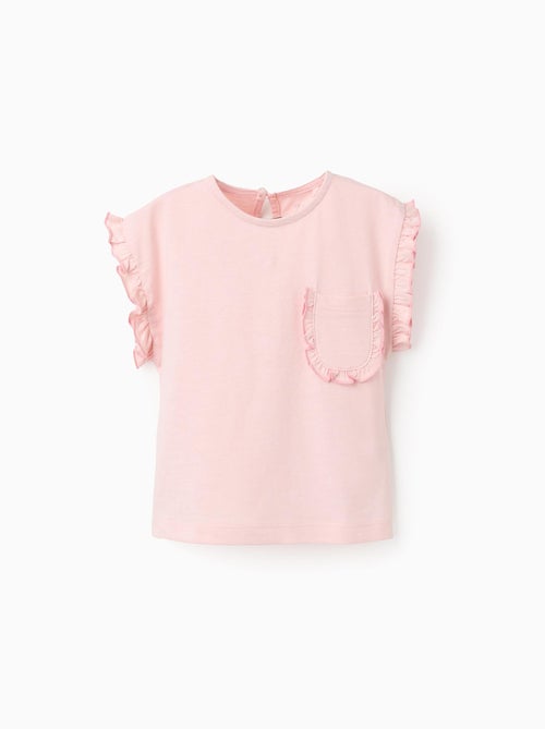 T-Shirt en Coton Avec Volants et Poche - Kiabi
