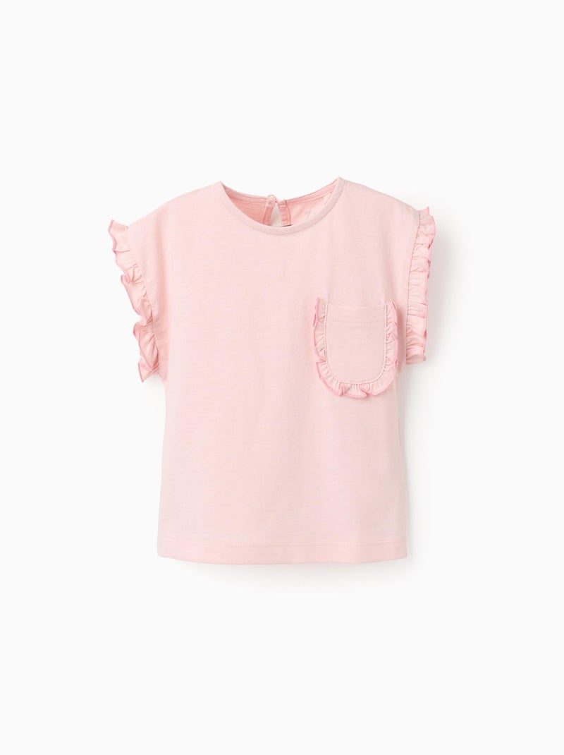 T-Shirt en Coton Avec Volants et Poche Rose - Kiabi