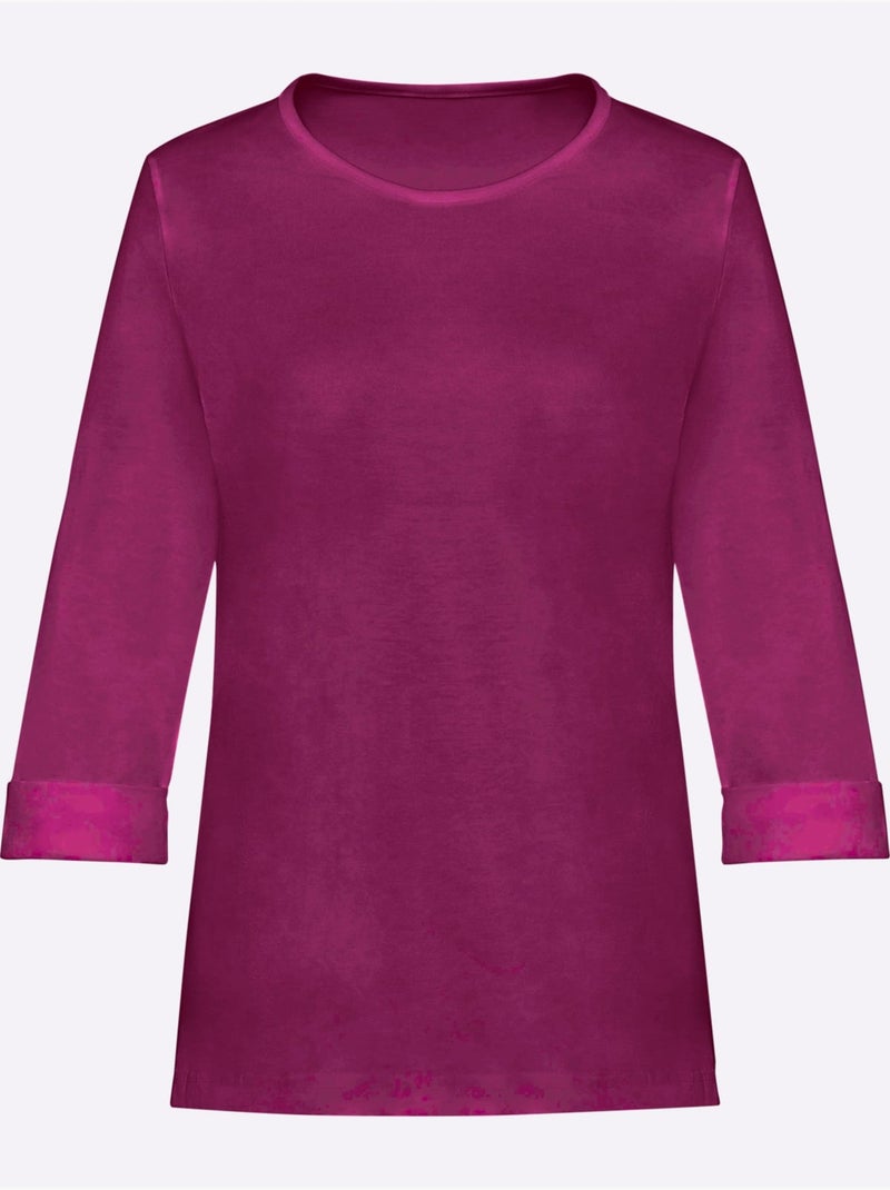 T-shirt en coton basique col rond et manches 3/4 à revers - Taille standard - Moda Vilona Violet - Kiabi