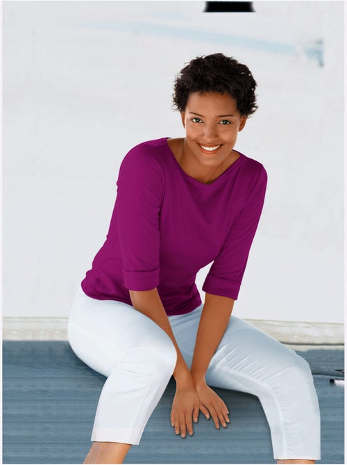 T-shirt en coton basique col rond et manches 3/4 à revers - Taille standard - Moda Vilona - Kiabi