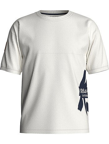 T-shirt en coton blanc imprimé sur le côté à coupe droite et à col rond
