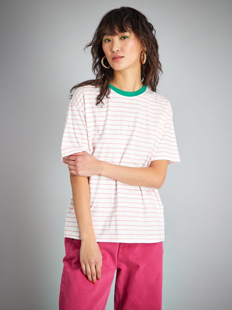 T-shirt en coton Blanc/rose - Kiabi