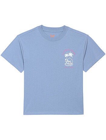 T-shirt en coton bleu imprimé au dos et à la poitrine à coupe droite