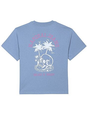 T-shirt en coton bleu imprimé au dos et à la poitrine à coupe droite